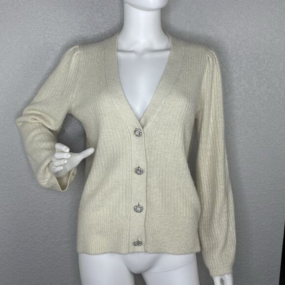 TALBOTS Cardigan Sweater Shimmer Glitter Wool Blend Ivory Neutral Size M - Picture 1 of 7